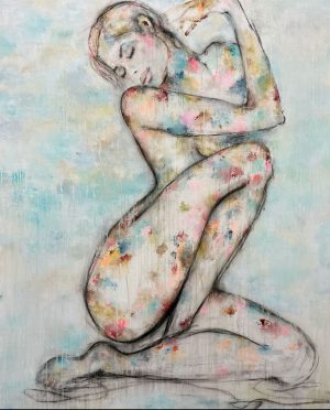 Original Charcoal Nude Sketch and painting of beautiful woman 'Elisia Noir' in sensual pose